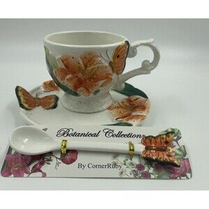 CORNER RUBY BOTANICAL COLLECTION BUTTERFLY TEA CUP  W BUTTERFLY SPOON SET N07